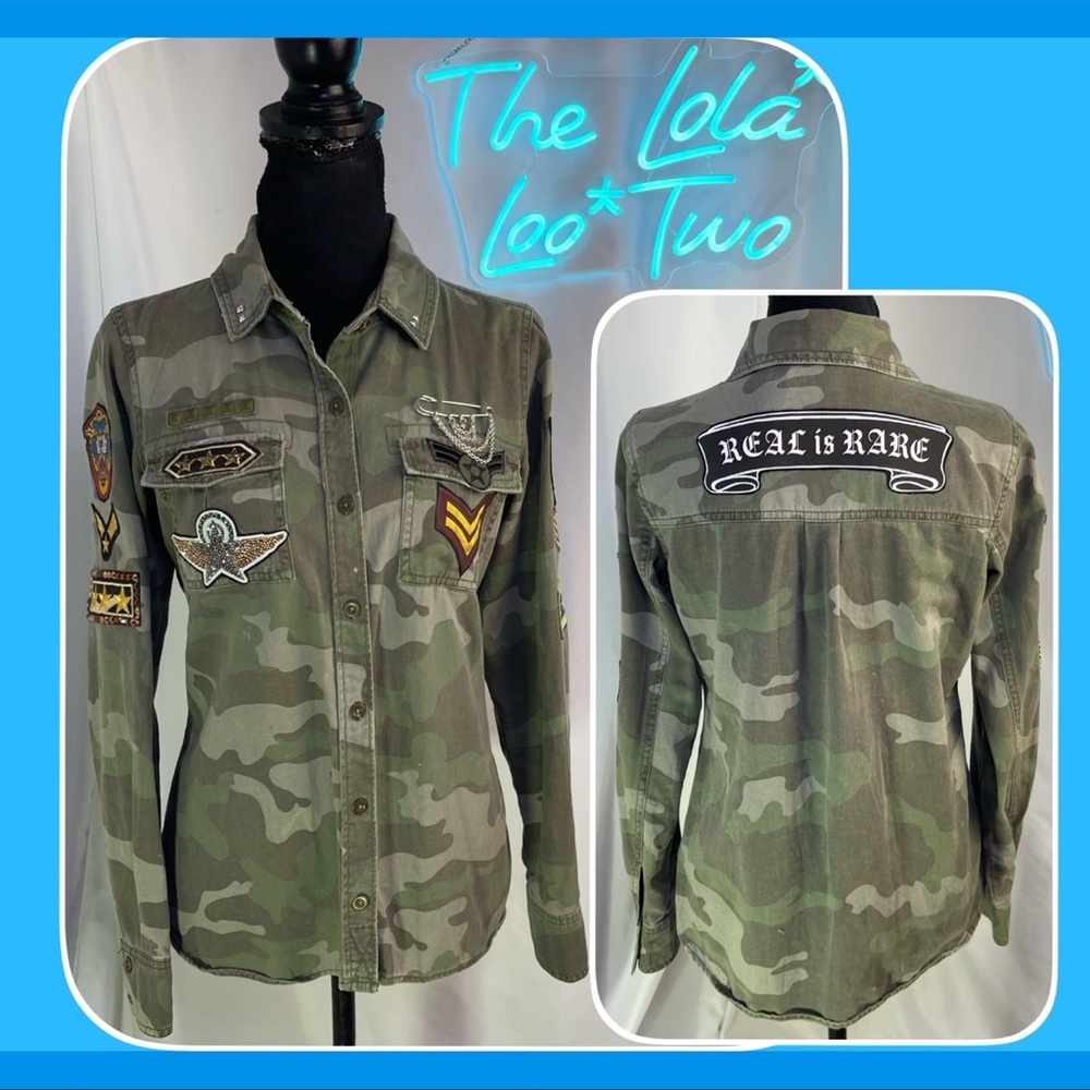 CUSTOM Patches & Embellished Structured Camo Utility
Military Shirt / Shacket